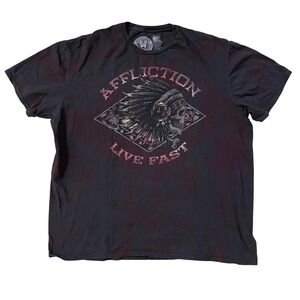 Affliction Skull Indian Headdress Live Fast T Shirt Men's 2X Large Black Red Dye
